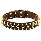 3 Rows Leather German Shepherd Collar with Nickel Studs and Brass Spikes
