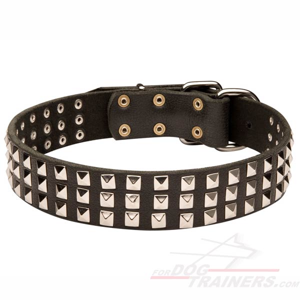 3 Rows Nickel Pyramids Leather German Shepherd Collar
