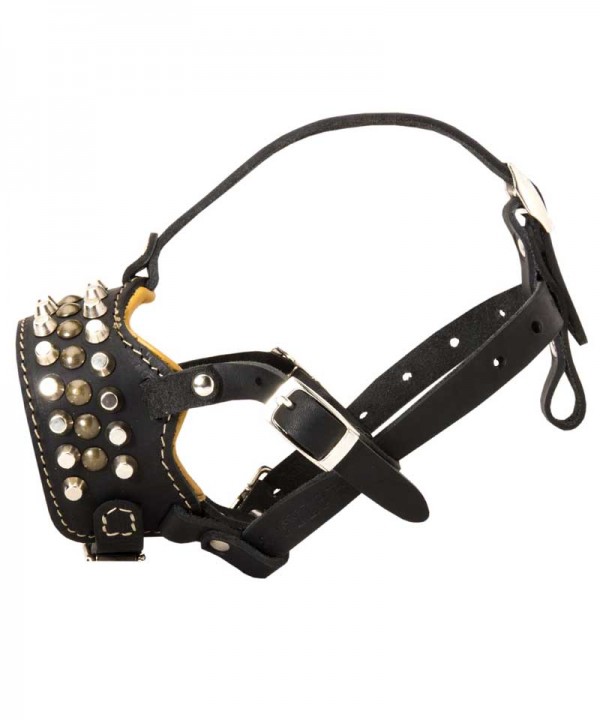 Padded leather German Shepherd muzzle with pyramids and studs