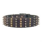 4 Rows nickel plated half spikes and half-ball studs 2 2/5 inches (60mm) wide Leather Studded German Shepherd Collar